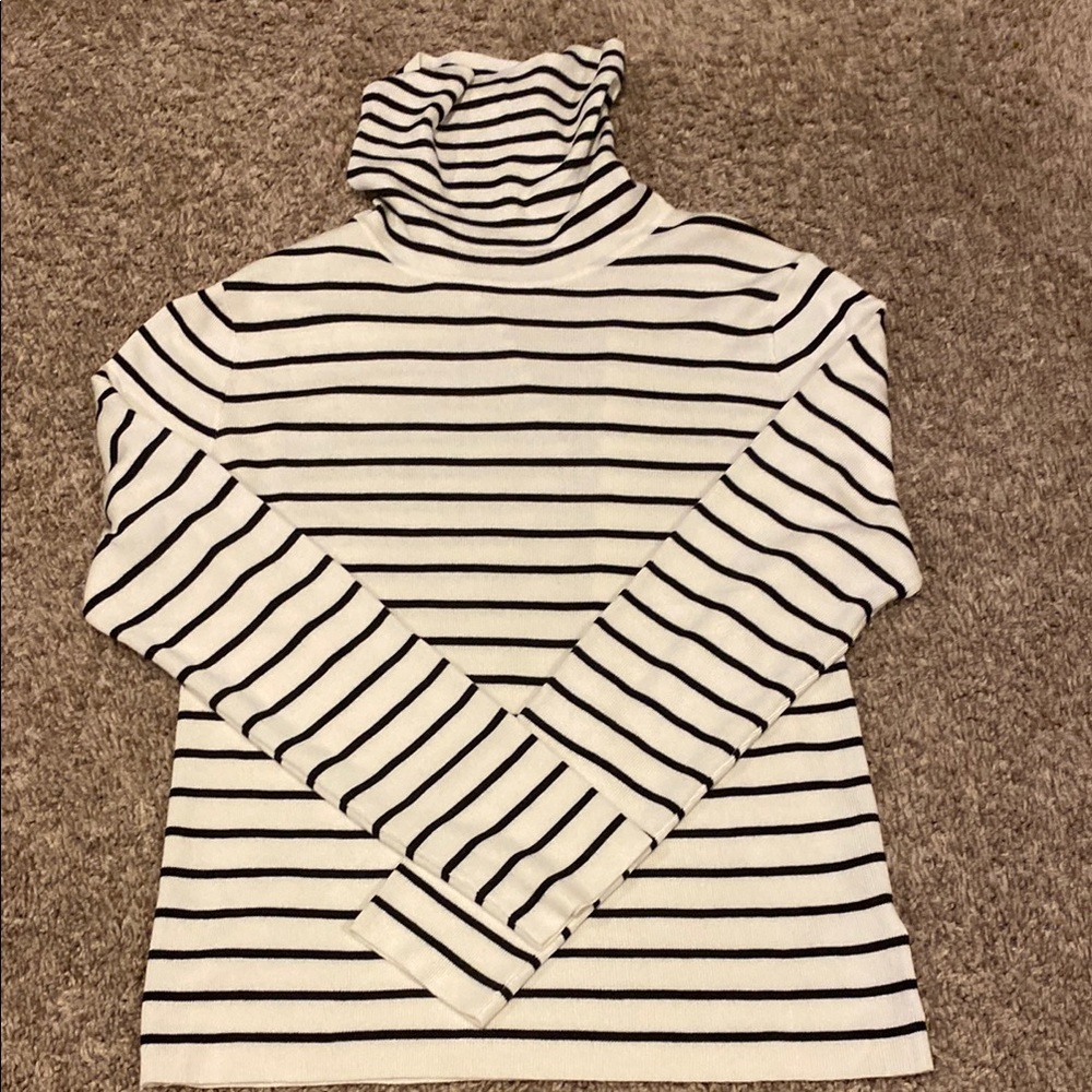 Classic Black and White Striped Cowl Turtleneck Sweater